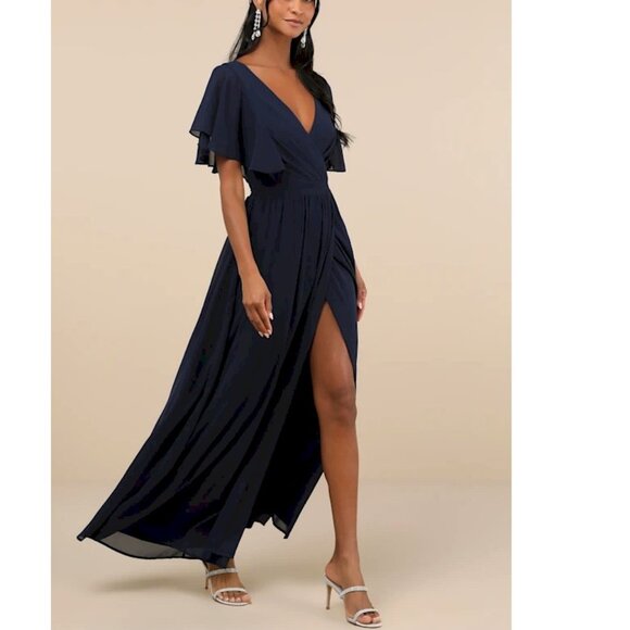 Lulus Convincing Grace Navy Blue Flutter Sleeve Wrap Maxi Dress Size Small NWOT - Picture 1 of 6
